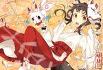  animal_ears bad_id bad_pixiv_id brown_eyes brown_hair fox fox_ears fox_mask fox_tail japanese_clothes kimura_(ykimu) mask miko multiple_tails origami original paper_crane short_hair solo tail 