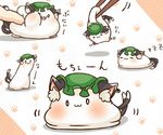  &gt;_&lt; :3 animal_ears blush cat_ears cat_tail chen chopsticks closed_eyes closed_mouth earrings fingers food green_hat hat ibaraki_natou jewelry lifting mob_cap mochen mochi multiple_tails nekomata one_eye_closed open_mouth paw_print poking single_earring sleeping tail touhou two_tails zzz 