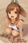  aircraft airplane barefoot brown_eyes brown_hair i-401_(kantai_collection) kantai_collection open_mouth school_uniform serafuku short_hair short_ponytail sleeveless solo squatting toro_(konirio) 