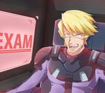  1boy blonde_hair cockpit crazy gekishinn gundam gundam_side_story:_the_blue_destiny male male_focus nimbus_schterzen open_mouth pilot_suit solo 