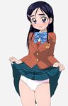  blazer blue_bow blue_eyes blue_hair bow brown_jacket cowboy_shot futari_wa_precure hair_ornament hairclip jacket long_hair long_sleeves looking_at_viewer manji_(tenketsu) panties plaid plaid_skirt precure school_uniform simple_background skirt skirt_lift solo underwear verone_gakuin_school_uniform white_background white_panties yukishiro_honoka 