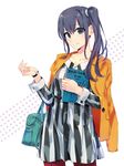  bag blue_eyes blue_hair book cuffs dress highres holding holding_book imai_midori jacket jacket_on_shoulders official_art pantyhose ponkan_8 shirobako side_ponytail smile solo striped vertical-striped_dress vertical_stripes watch wristwatch 