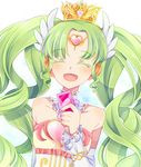  ^_^ ^o^ bangs bare_shoulders blush choker closed_eyes colored_eyelashes detached_sleeves facing_viewer falulu forehead_jewel green_hair hair_ornament heart holding long_hair open_mouth parted_bangs pretty_(series) pripara ruka192 smile solo tiara twintails upper_body wavy_hair 