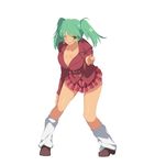  1girl blush breasts cleavage dark_skin female full_body green_eyes green_hair ikkitousen large_breasts leaning_forward looking_at_viewer one_eye_closed open_mouth ryofu_housen school_uniform schoolgirl senran_kagura senran_kagura:_estival_versus smile solo standing twintails 