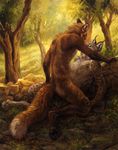  2015 anthro black_fur black_spots brown_fur canine claws duo feline forest fox fur grass kenket lynx male male/male mammal on_top painting pawpads paws penetration red_fox rock tree white_fur yellow_eyes 