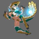  abs breasts claws cleavage clenched_hands dragon_girl full_body green_eyes green_legwear grin horns jumping large_breasts midriff monster_hunter navel orb personification scales sideboob silver_hair smile solo tail talons thighhighs tim_buktu zinogre 