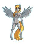  2015 anthro anthrofied bikini blonde_hair bra breasts clothed clothing cutie_mark derp_eyes derpy_hooves_(mlp) digital_media_(artwork) equine female friendship_is_magic fur grey_feathers grey_skin hair horse long_hair mammal my_little_pony navel pegasus plain_background pony raptor007 skimpy smile solo swimsuit tongue tongue_out underwear wings yellow_eyes yellow_fur 
