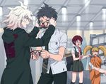  3girls bad_id bad_pixiv_id bespectacled blonde_hair brown_eyes brown_hair camera danganronpa funny_glasses glasses green_eyes hinata_hajime japanese_clothes kimono koizumi_mahiru komaeda_nagito multiple_boys multiple_girls necktie okuragon out_of_frame red_hair saionji_hiyoko super_danganronpa_2 tsumiki_mikan twintails white_hair 