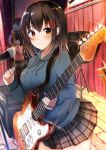 &gt;_&lt; 2girls :d amplifier bangs black_hair blue_hoodie blurry blush blush_stickers bow bowtie breasts brown_legwear closed_mouth collared_shirt commentary_request curtains depth_of_field drawstring electric_guitar glint grey_skirt guitar hair_ornament hairclip hand_up highres hiragi_ringo holding holding_plectrum hood hood_down hoodie instrument large_breasts long_sleeves looking_at_viewer microphone miniskirt multiple_girls open_mouth original pantyhose pink_sweater plaid plaid_skirt pleated_skirt plectrum red_eyes red_neckwear school_uniform shirt short_hair sidelocks skirt sleeves_past_wrists smile stage standing strap sweater thighs white_shirt 