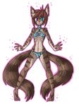  2015 2_tails animal_ears anthro bikini black_fur bra breasts brown_fur clothed clothing digital_media_(artwork) feline female fur green_eyes hair heterochromia hi_res looking_at_viewer mammal multiple_tails navel nelya plain_background purple_eyes raptor007 skimpy slit_pupils smile solo stripes swimsuit teeth tiger underwear 