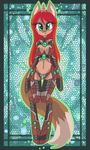 2014 animal_ears anthro armor breasts brown_fur canine clothed clothing cute digital_media_(artwork) equine fan_character female fox fur green_eyes hair hi_res horn horse hybrid kitsu long_hair looking_at_viewer makeup mammal my_little_pony navel ponification pony raptor007 red_fur red_hair skimpy solo teeth unconvincing_armor unicorn white_fur 