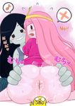  adventure_time anus ass black_hair blush censored crown dog fangs jake jake_the_dog looking_at_viewer looking_back marceline marceline_abadeer multiple_girls novelty_censor pink_hair princess_bonnibel_bubblegum princess_bubblegum reonarudo16sei shiny_skin spread_anus thumbs_up 