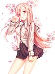 blush cherry_blossoms flower hair_flower hair_ornament hairclip highres kukuri_(ahagon) long_hair lucy_maria_misora petals pink_eyes pink_hair pleated_skirt skirt solo to_heart_2 