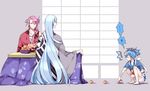  !! /\/\/\ 3boys blue_eyes blue_hair blush food fruit japanese_clothes kotatsu kousetsu_samonji long_hair male_focus mandarin_orange multiple_boys or-unknown pink_hair ponytail sayo_samonji sitting souza_samonji spoken_exclamation_mark table touken_ranbu very_long_hair 