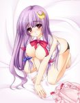  all_fours aoi_hiro barefoot black_panties blush breasts breasts_outside crescent crescent_hair_ornament hair_ornament hat hat_removed headwear_removed large_breasts long_hair nipples panties patchouli_knowledge purple_eyes purple_hair solo touhou underwear very_long_hair 