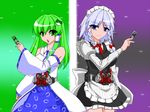  belt black_dress braid crossover dress gaia_memory green_hair hair_ornament hairclip henshin henshin_pose izayoi_sakuya japanese_clothes kamen_rider kamen_rider_double kamen_rider_w kochiya_sanae maid maid_headdress miko multiple_girls parody pose touhou tsukushi_(741789) white_hair 