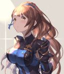  1girl bangs beatrix_(granblue_fantasy) blue_ribbon blush breasts brown_hair closed_mouth commentary_request granblue_fantasy hair_ribbon highres large_breasts long_hair long_sleeves looking_at_viewer milli_little pauldrons ponytail ribbon sketch solo upper_body yellow_eyes 