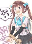  1girl arm_warmers asagumo_(kantai_collection) ascot backpack bag blush brown_eyes brown_hair collared_shirt duct_tape entershell gag gagged grey_skirt improvised_gag kantai_collection pleated_skirt randoseru restrained school_uniform shirt skirt solo suspenders tape tape_gag translated twintails 