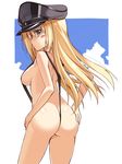  ass bismarck_(kantai_collection) black_swimsuit blonde_hair blue_eyes blush breasts from_behind hand_on_ass hat highres kantai_collection long_hair looking_back medium_breasts oota_yuuichi peaked_cap sideboob slingshot_swimsuit solo swimsuit 