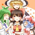  :d bare_shoulders blonde_hair blue_hair bow cheek_poking closed_eyes commentary_request detached_sleeves dress fang green_hair hair_bow hair_tubes hakurei_reimu hand_in_another's_hair hat heart highres hug indo_(mdtanaka2007) kirisame_marisa kochiya_sanae multiple_girls necktie open_mouth pink_dress poking red_dress remilia_scarlet smile sweatdrop touhou witch_hat wrist_cuffs 