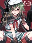  butterfly_sitting cape character_name eyepatch gloves green_hair hair_between_eyes hair_twirling hat highres kantai_collection kiso_(kantai_collection) looking_at_viewer mika_pikazo school_uniform serafuku short_hair sitting skirt smile solo translated 