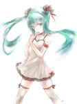  aqua_eyes aqua_hair artist_name bow dress finger_to_mouth hand_on_hip hatsune_miku highres kowiru long_hair simple_background solo tattoo thighhighs twintails vocaloid white_background 
