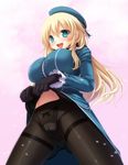  atago_(kantai_collection) blonde_hair blue_eyes breasts gloves hat kantai_collection large_breasts long_hair open_mouth panties panties_under_pantyhose pantyhose shiragi skirt skirt_lift solo underwear 