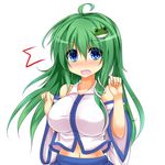  1girl ahoge bare_shoulders blue_hair blush breasts detached_sleeves frog_hair_ornament green_hair hair_ornament highres japanese_clothes kochiya_sanae large_breasts long_hair miko navel open_mouth snake_hair_ornament solo surprised touhou us2s 