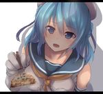  :d blue_eyes blue_hair blush collarbone dyson_(edaokunnsaikouya) feeding food gloves hair_bun hair_ribbon hat kantai_collection letterboxed looking_at_viewer okonomiyaki open_mouth pov_feeding ribbon sailor_collar sailor_hat sleeves_rolled_up smile solo spatula urakaze_(kantai_collection) 