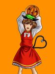  animal_ears arms_up brown_eyes brown_hair cat_ears cat_girl cat_tail chen fangs heart heart_tail jack-o'-lantern looking_at_viewer multiple_tails nekomata open_mouth orange_background pumpkin shoukou_(evara) solo squash tail touhou two_tails 