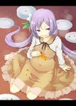  akagashi_hagane apple_pie barefoot belly breasts brown_dress dress food food_on_clothes food_on_face full_stomach letterboxed long_hair long_sleeves low_twintails medium_breasts open_mouth plate purple_eyes purple_hair shirt sitting solo stack touhou tsukumo_benben twintails very_long_hair 