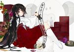  1girl animal ball black_hair bottle chest_of_drawers hair_ornament japanese_clothes karei_(hirameme) kneehighs lamb long_hair looking_at_viewer masu miko original pink_eyes ribbon-trimmed_legwear ribbon_trim sake_bottle solo very_long_hair white_legwear 