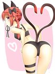  animal_ears ass bent_over bikini black_bikini bow braid cat_ears cat_tail extra_ears from_behind hair_bow heart heart_tail highres indo_(mdtanaka2007) kaenbyou_rin looking_at_viewer looking_back mouth_hold multiple_tails nekomata pink_eyes red_hair ribbon ribbon_in_mouth solo swimsuit tail thigh_strap touhou twin_braids 