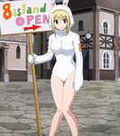  1girl animal_ears blonde_hair bodysuit breasts brown_eyes bunny_ears cosplay fairy_tail female highres large_breasts lucy_heartfilia placard screencap sign skin_tight solo standing stitched 