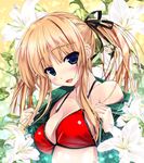  :d bikini blonde_hair blue_eyes breasts cleavage collarbone fang flower hair_ribbon jacket lily_(flower) long_hair medium_breasts open_clothes open_jacket open_mouth red_bikini ribbon saenai_heroine_no_sodatekata sawamura_spencer_eriri shintarou smile solo swimsuit track_jacket twintails 
