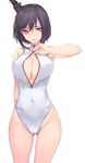  alternate_costume bare_shoulders black_hair blush breasts cleavage front_zipper_swimsuit hair_ornament kantai_collection large_breasts looking_at_viewer meme_attire one-piece_swimsuit red_eyes rokuwata_tomoe short_hair signature simple_background solo swimsuit white_background yamashiro_(kantai_collection) zipper 