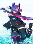  eyepatch fingerless_gloves gloves headgear highres kantai_collection looking_at_viewer machinery magure_(artist) purple_hair short_hair solo squatting sword tenryuu_(kantai_collection) thighhighs turret weapon yellow_eyes 