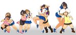  2girls age_progression black_hair breast_rest breasts brown_hair curvy huge_breasts long_hair multiple_girls navel open_mouth plump school_uniform shoes smile sneakers squarewave thick_thighs wide_hips yuri 