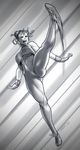  breasts chun-li double_bun greyscale hair_ribbon high_kick highres kicking large_breasts monochrome motion_blur open_mouth ribbon robert_porter shoes sleeveless sneakers solo street_fighter street_fighter_zero_(series) studded_bracelet thick_thighs thighs unitard vest 