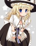  apron blonde_hair blue_eyes blush bow braid breasts capelet cleavage curiosities_of_lotus_asia grey_background hands_on_thighs hat hat_ribbon highres kirisame_marisa leaning_forward light_smile long_hair looking_at_viewer md5_mismatch medium_breasts puffy_short_sleeves puffy_sleeves ribbon short_sleeves single_braid solo star starry_background touhou utakata_(azaka00) waist_apron witch_hat wrist_cuffs 