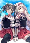  grey_hair hair_ribbon hairband hakama_skirt highres holding_hands japanese_clothes kantai_collection long_hair multiple_girls muneate ribbon shoukaku_(kantai_collection) skirt tendou_itsuki thighhighs twintails white_hair yellow_eyes zuikaku_(kantai_collection) 