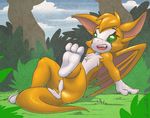  2014 3_toes anthro barefoot crombie dust:_an_elysian_tail female fidget foot_focus forest fur grass green_eyes happy hindpaw lying nimbat nude open_mouth orange_fur outside paws raised_leg showing sitting soles solo teeth toes tongue tree video_games white_fur wings 