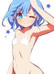  9law ;) bikini_top blue_eyes blue_hair bottomless closed_mouth dorothy_west flat_chest highres looking_at_viewer one_eye_closed pretty_(series) pripara short_hair simple_background smile solo star white_background 
