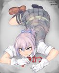 2014 angry bike_shorts blue_eyes dated full_body gloves kantai_collection kneehighs lying neck_ribbon on_stomach pink_hair pleated_skirt ponytail red_ribbon ribbon shiranui_(kantai_collection) short_hair sigama skirt solo sweatdrop twitter_username white_gloves 