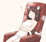  1girl animal_ears armchair brown_hair chair fox_ears fox_tail naked_towel nosuku original short_hair steam tail towel twitter_username 