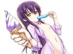 1girl food ice_cream_cone long_hair looking_at_viewer navel open_clothes open_shirt original popsicle purple_hair shirt simple_background solo white_background 