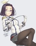  anchor bespectacled black_legwear breasts cosplay dated eyelashes glasses gloves grey_background hair_intakes kantai_collection katori_(kantai_collection) katori_(kantai_collection)_(cosplay) looking_at_viewer medium_breasts miniskirt panties panties_under_pantyhose pantyhose pantyshot pencil_skirt purple_eyes purple_hair riding_crop rokuwata_tomoe semi-rimless_eyewear signature simple_background skirt smile solo tatsuta_(kantai_collection) under-rim_eyewear underwear 