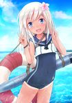  :d bare_legs bare_shoulders blue_eyes blue_sky blush bracelet covered_navel cowboy_shot crop_top day double_v entershell flower hair_flower hair_ornament jewelry kantai_collection lifebuoy long_hair looking_at_viewer neckerchief ocean one-piece_swimsuit open_mouth ro-500_(kantai_collection) sailor_collar school_swimsuit sky smile solo swimsuit swimsuit_under_clothes tan tanline torpedo v white_hair 
