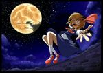  amakan! blonde_hair cloud cloudy_sky flying full_moon hair_ribbon highres looking_at_viewer moon open_mouth reaching_out red_eyes ribbon rumia short_hair sky smile solo star_(sky) starry_sky touhou town 