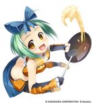  absurdres ass bike_shorts bowl brown_eyes cooking elbow_gloves fingerless_gloves flipping_food food from_below frying_pan gloves green_hair highres kantaka kneehighs koihime_musou ladle looking_up midriff ribbon short_hair shorts smile solo ten'i transparent_background 